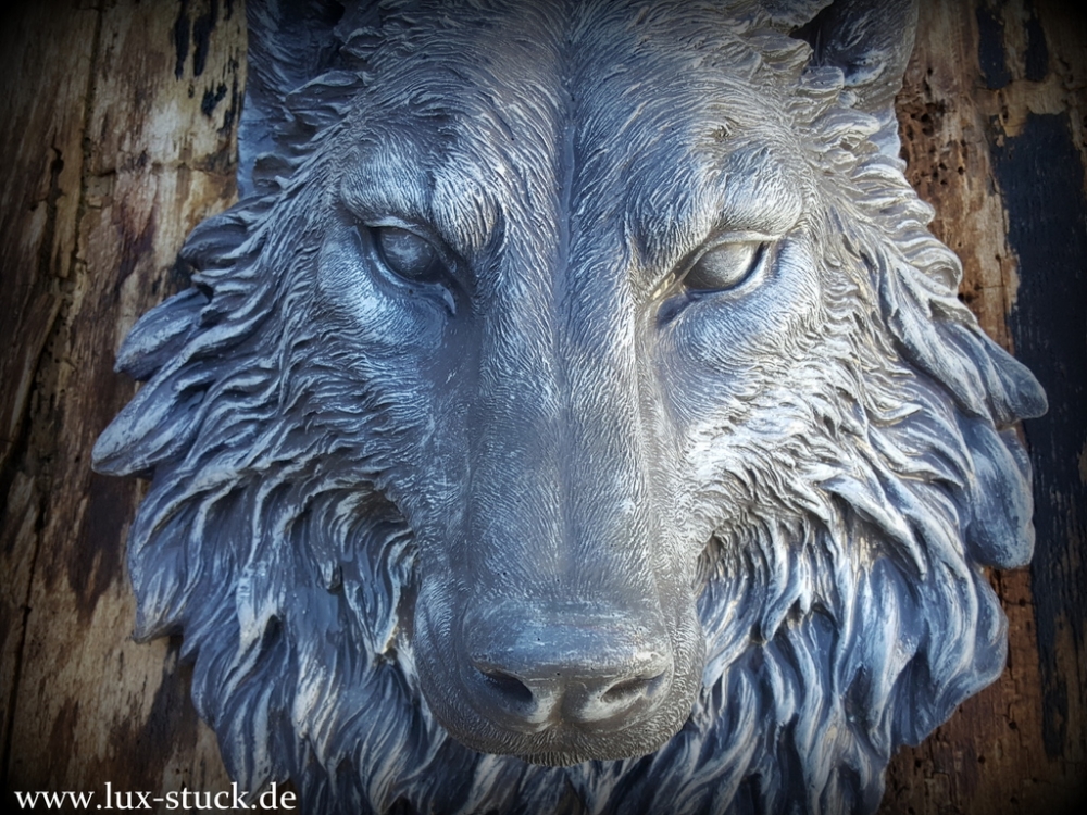 Bild 1 von Steinfigur Wolf Groß 40x34 cm Gartenfigur Wolfskopf Wandrelief Relief Dekoration